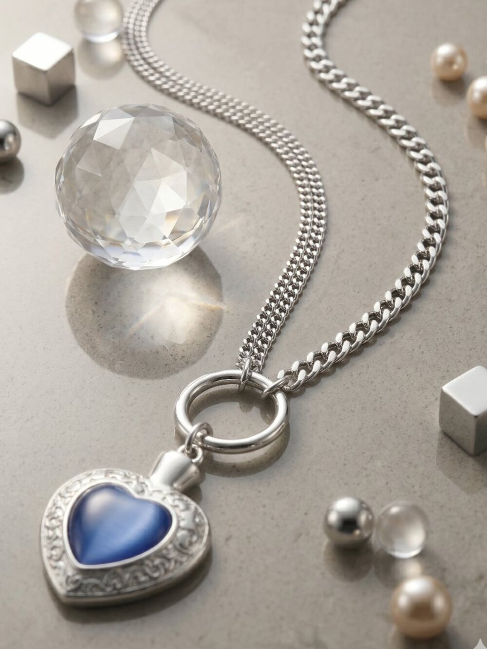 18K White Gold Plated 304 SS Blue Cat's Eye Filigree Heart Pendant Necklace 18"